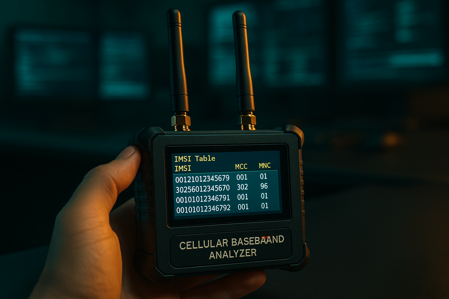 Cellular baseband analyzer with IMSI table display used to detect covert cellular tracker attachments