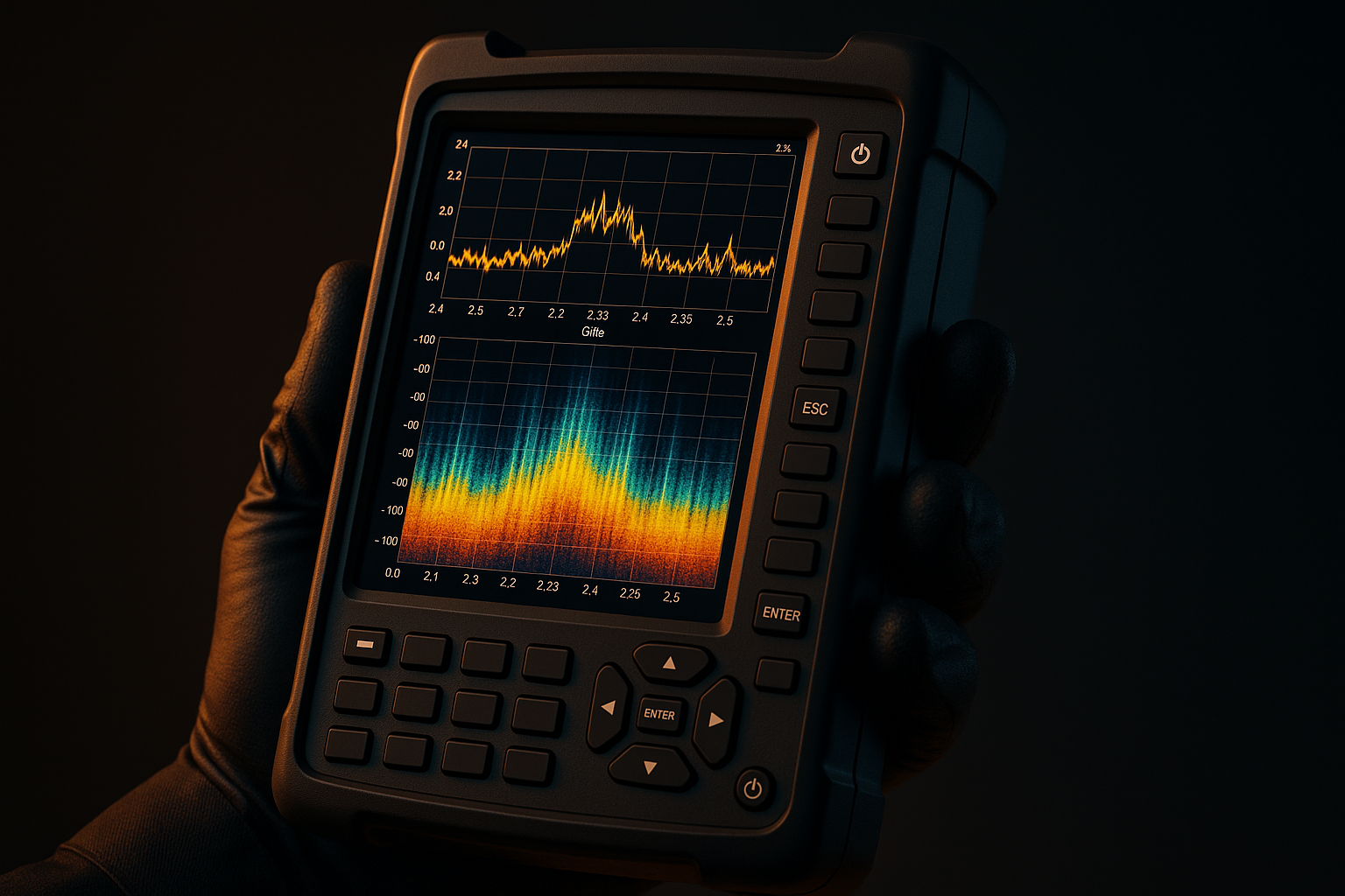 Real-time RF spectrum analyzer with amber waterfall display used on Fob Experts vehicle Counter-Surveillance Measures